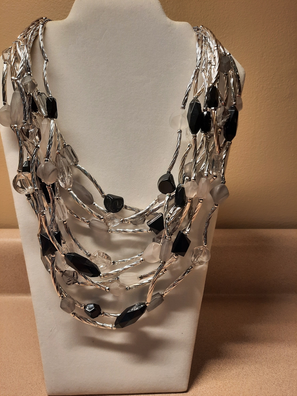 Louis Del Ollio Multi-Strand Silver Necklace with Black and Frosted Beads